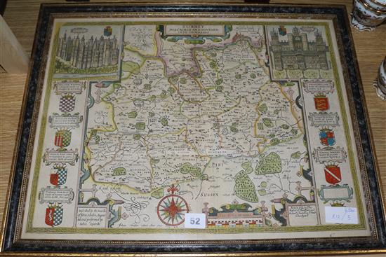 John Speede hand-coloured map of Surrey, 40 x 53 cms
